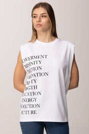 Elisabetta Franchi T-shirt Spalle Imbottite e Stampa Lettering 