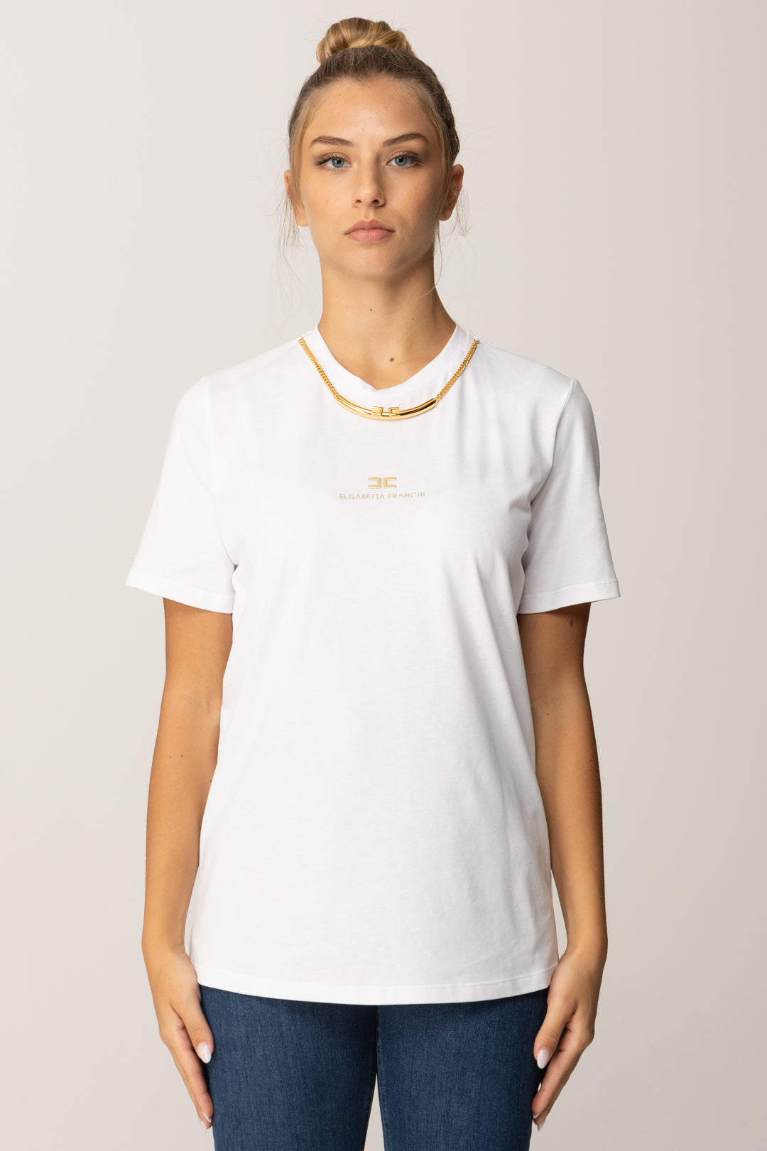 Elisabetta Franchi T-shirt con Logo Lettering e Collana MA02856E2 GESSO