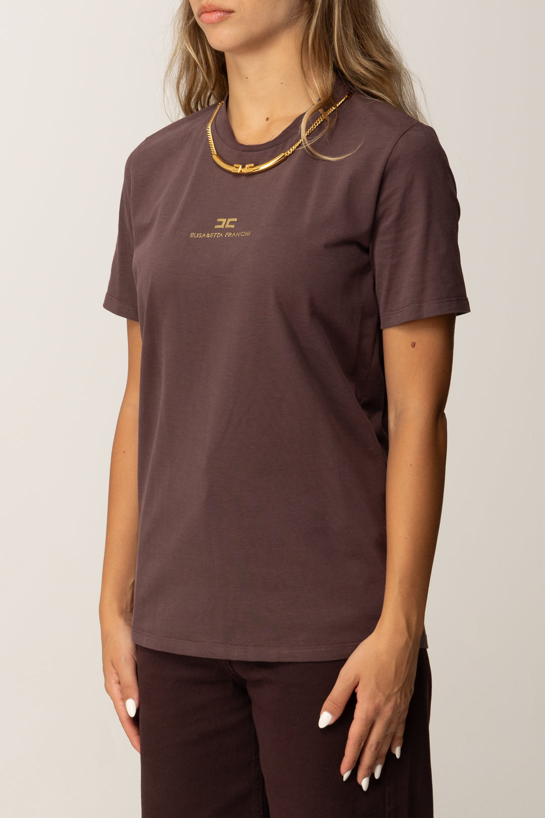 Elisabetta Franchi T-shirt con Logo Lettering e Collana MA02856E2 MERLOT