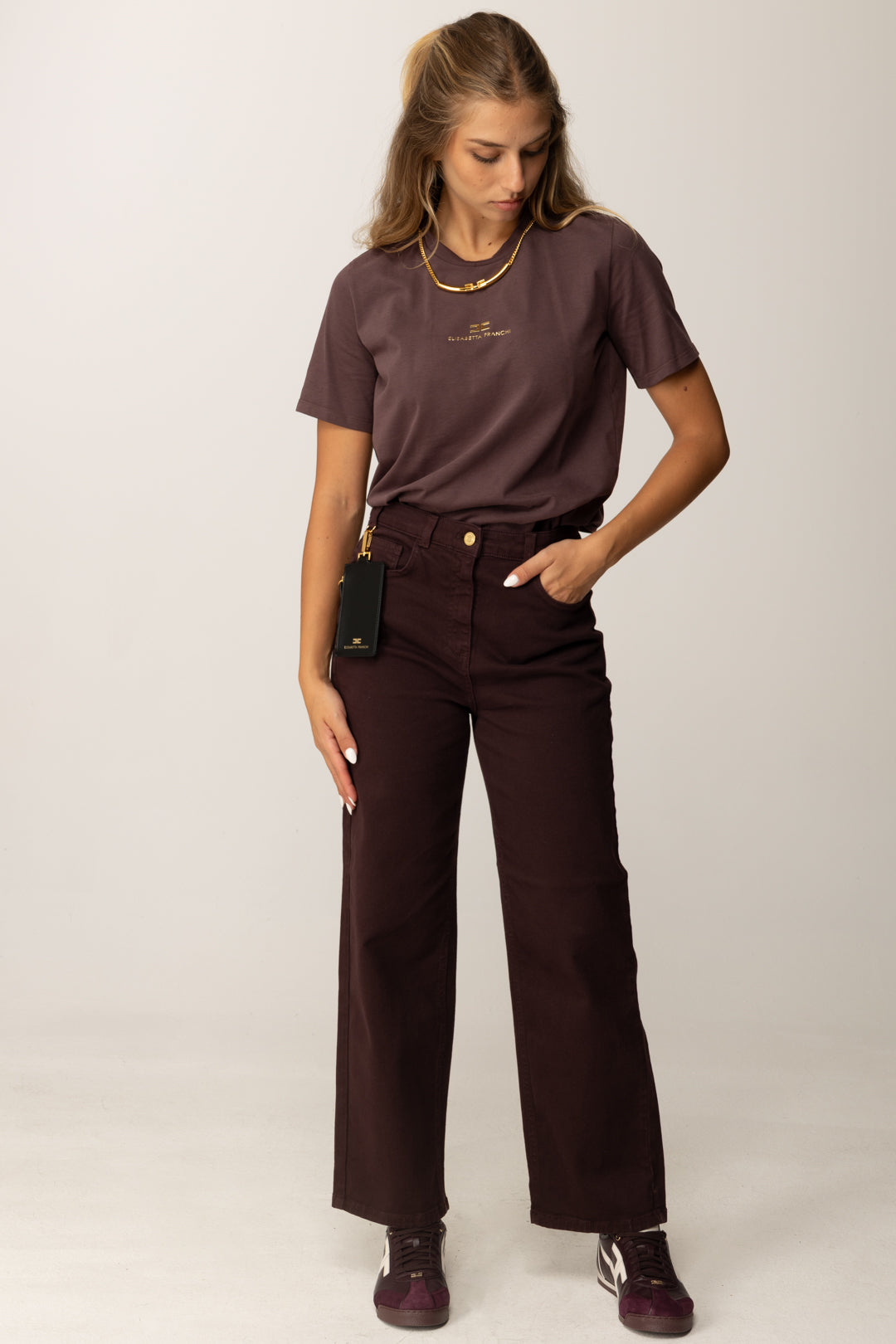 Elisabetta Franchi T-shirt con Logo Lettering e Collana MA02856E2 MERLOT