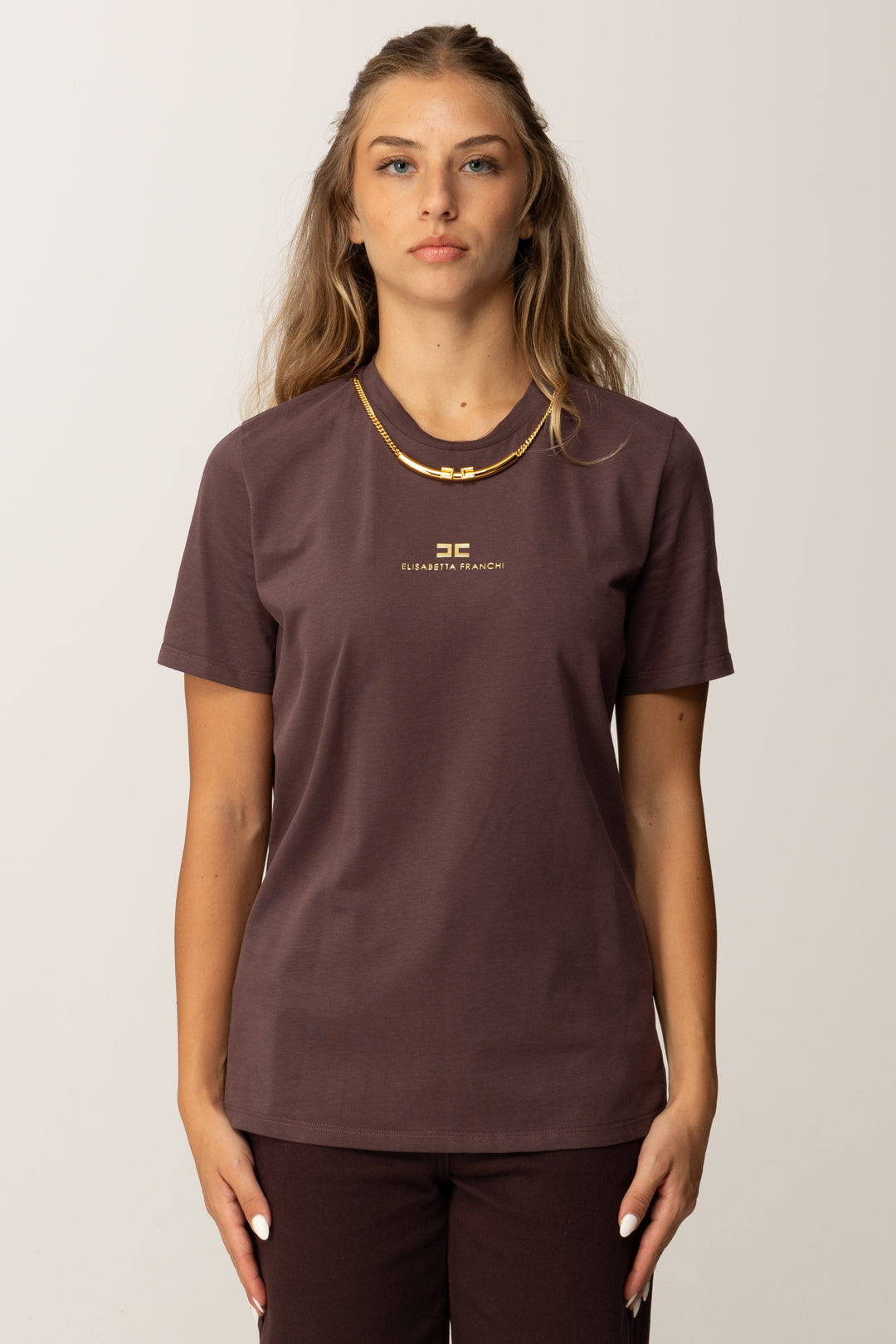 Elisabetta Franchi T-shirt con Logo Lettering e Collana MA02856E2 MERLOT