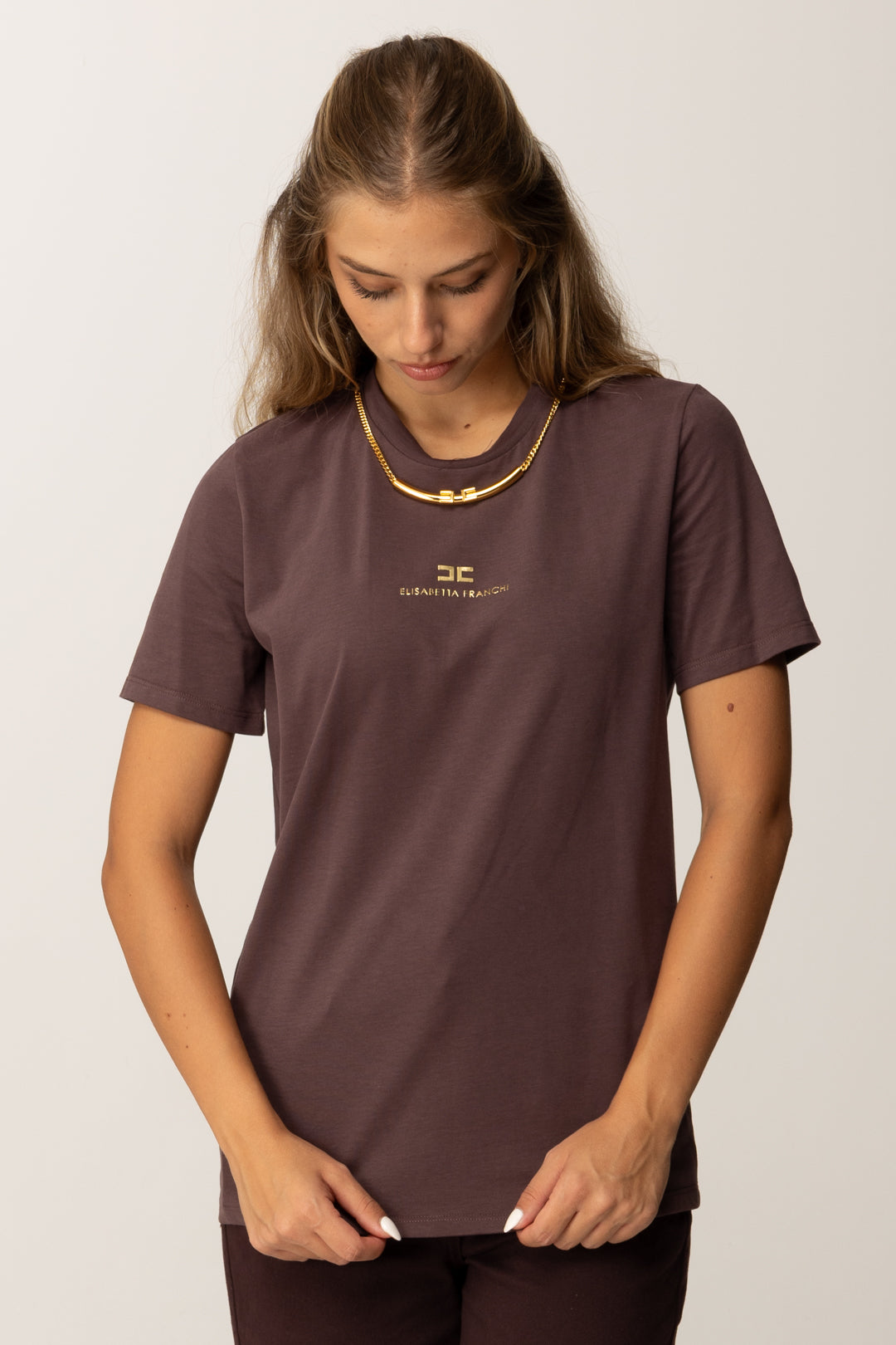 Elisabetta Franchi T-shirt con Logo Lettering e Collana MA02856E2 MERLOT