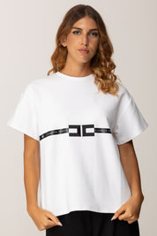 Elisabetta Franchi T-shirt con Tampa a Nastro Lettering MA02256E2 GESSO