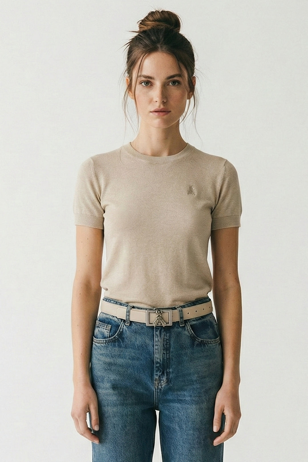 Patrizia Pepe T-shirt in maglia con logo strass 8K0278 K128 BEIGE LUREX FLY