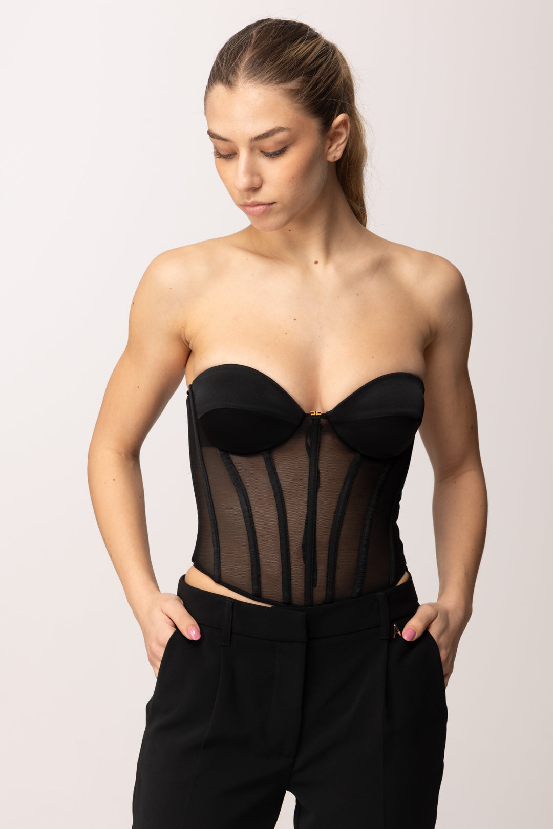 Elisabetta Franchi Top Bustier In Tulle e Satin TO05162E2 NERO