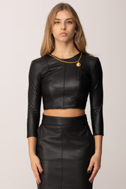 Elisabetta Franchi Top Crop Effetto Pelle con Collana Gioiello MD00957E2 NERO