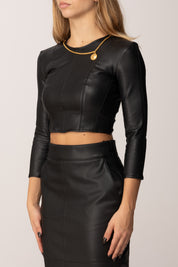 Elisabetta Franchi Top Crop Effetto Pelle con Collana Gioiello MD00957E2 NERO