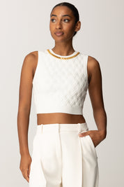 Elisabetta Franchi Top Crop In Maglia a Rombi con Catena Gioiello TK60B56E2 AVORIO