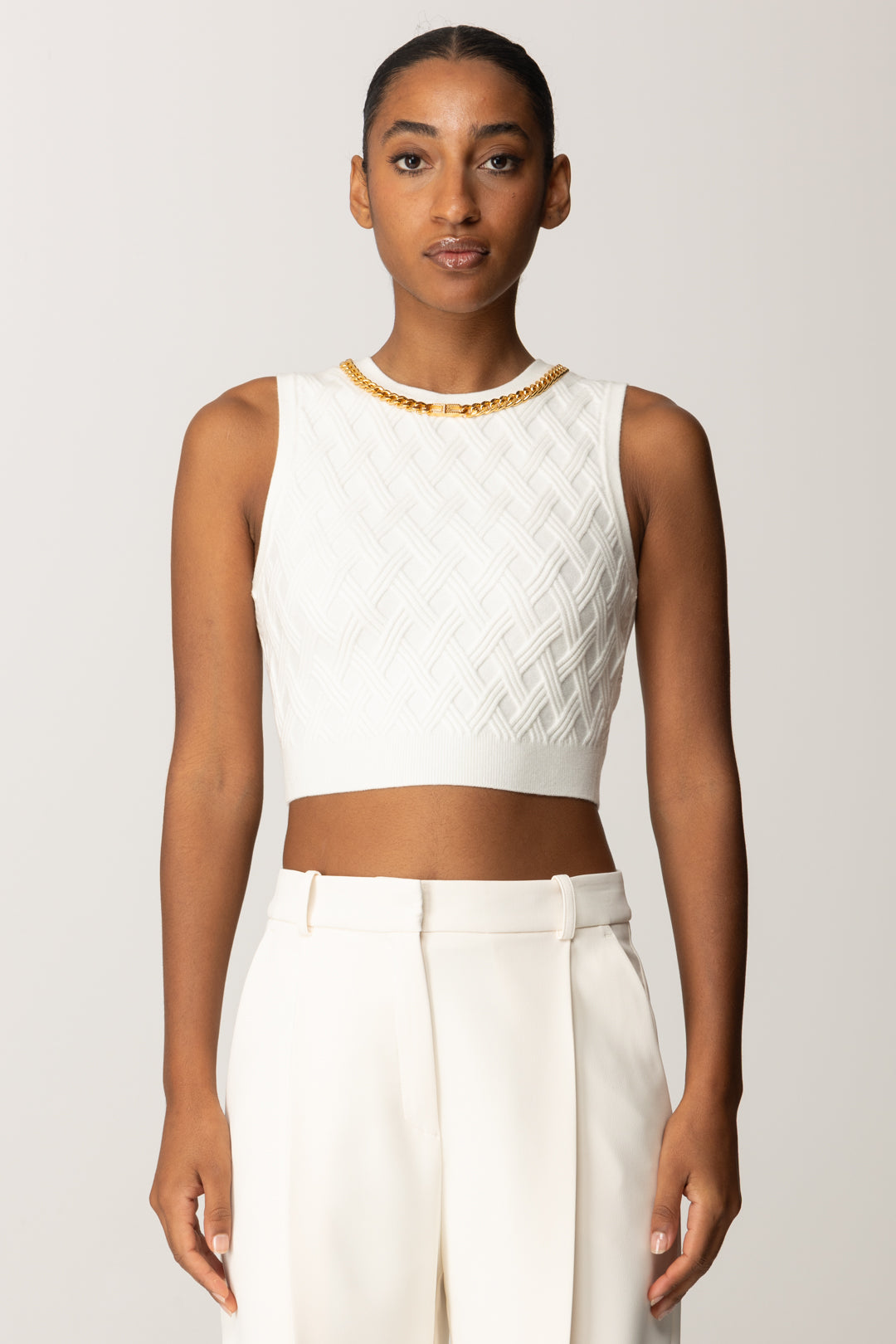 Elisabetta Franchi Woman Crop Top In Diamond Knit with Jewel Chain