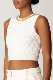 Elisabetta Franchi Top Crop In Maglia a Rombi con Catena Gioiello TK60B56E2 AVORIO
