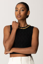 Elisabetta Franchi Top Crop In Maglia a Rombi con Catena Gioiello TK60B56E2 NERO