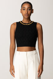 Elisabetta Franchi Top Crop In Maglia a Rombi con Catena Gioiello TK60B56E2 NERO