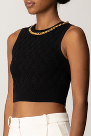 Elisabetta Franchi Top Crop In Maglia a Rombi con Catena Gioiello TK60B56E2 NERO