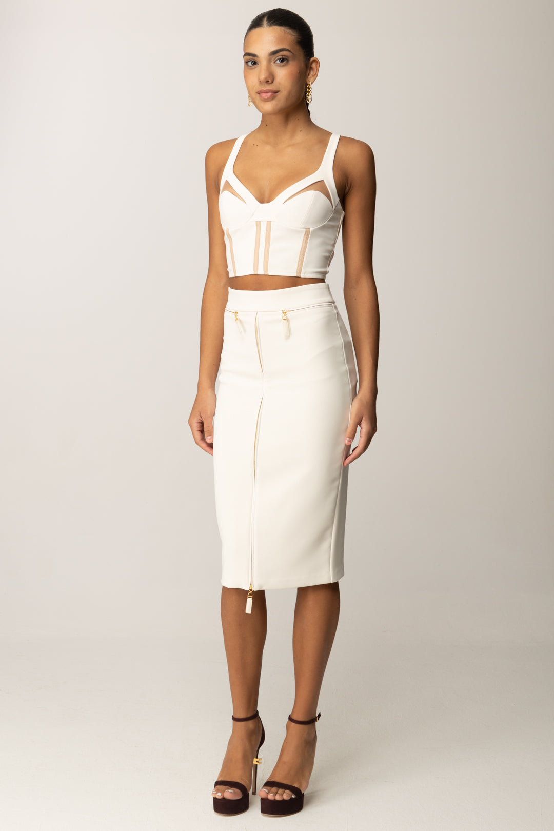 Elisabetta Franchi Top In Crêpe Leggero con Inserti In Tulle TO03856E2 MILK/CARNE