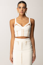 Elisabetta Franchi Top In Crêpe Leggero con Inserti In Tulle TO03856E2 MILK/CARNE
