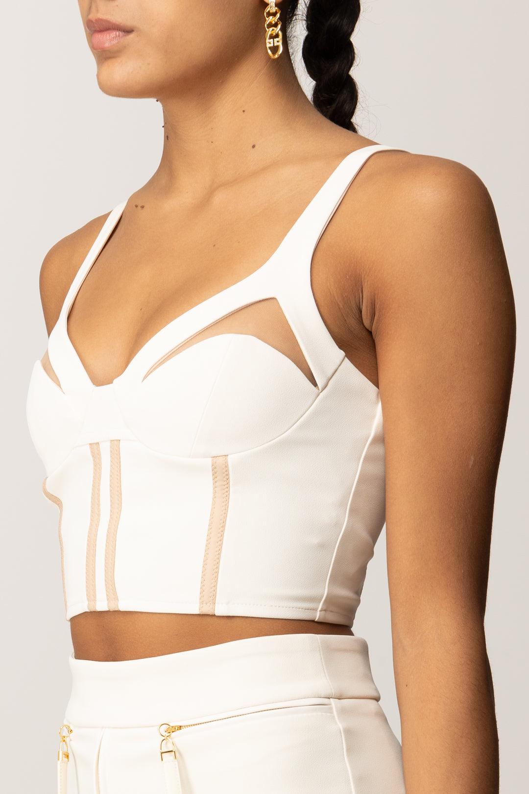 Elisabetta Franchi Top In Crêpe Leggero con Inserti In Tulle TO03856E2 MILK/CARNE