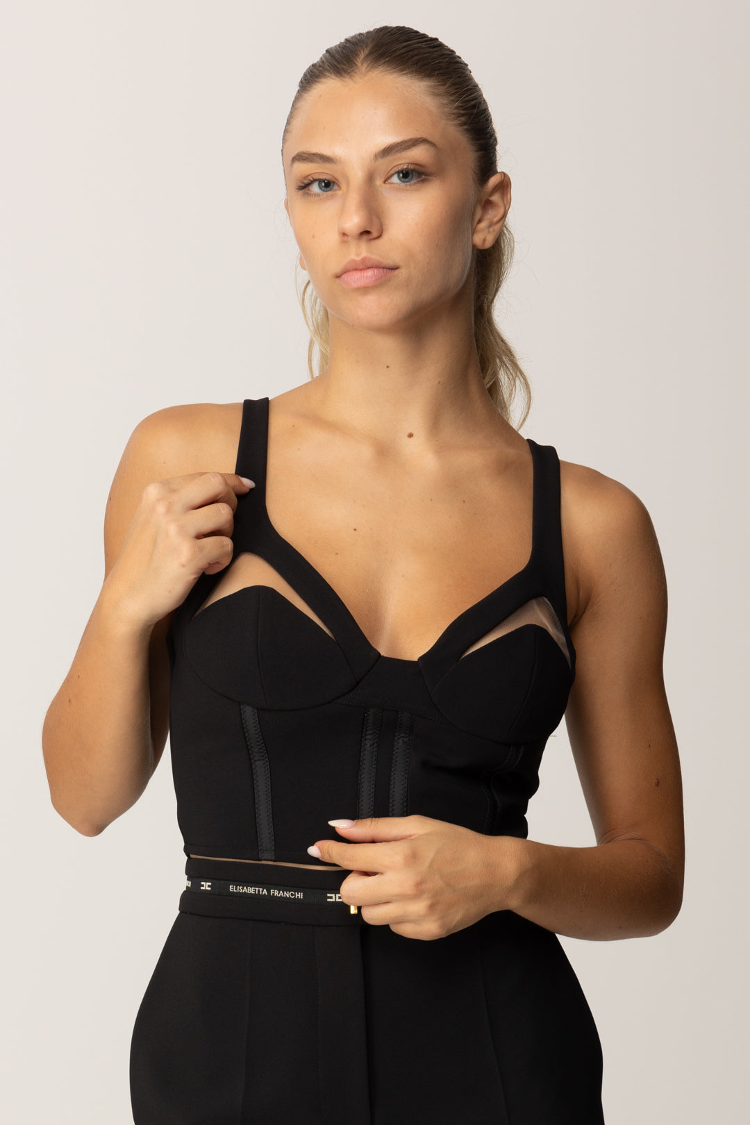 Elisabetta Franchi Top In Crêpe Leggero con Inserti In Tulle TO03856E2 NERO