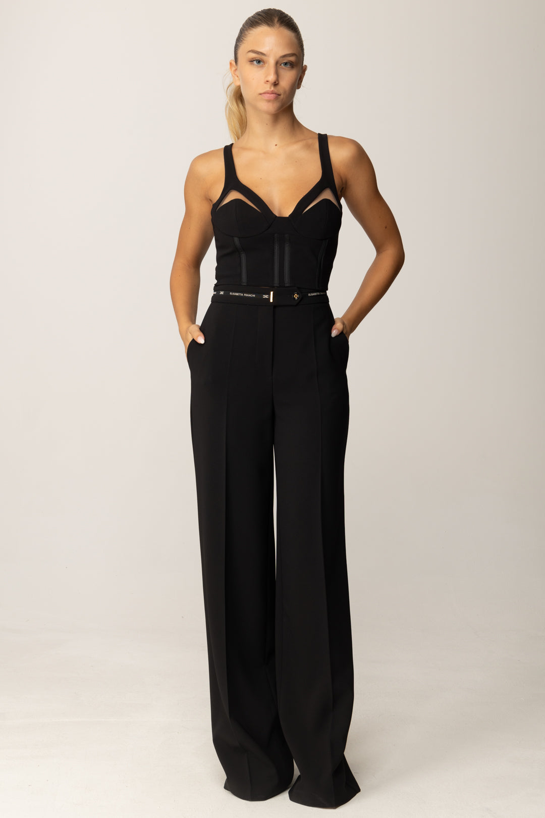 Elisabetta Franchi Top In Crêpe Leggero con Inserti In Tulle TO03856E2 NERO