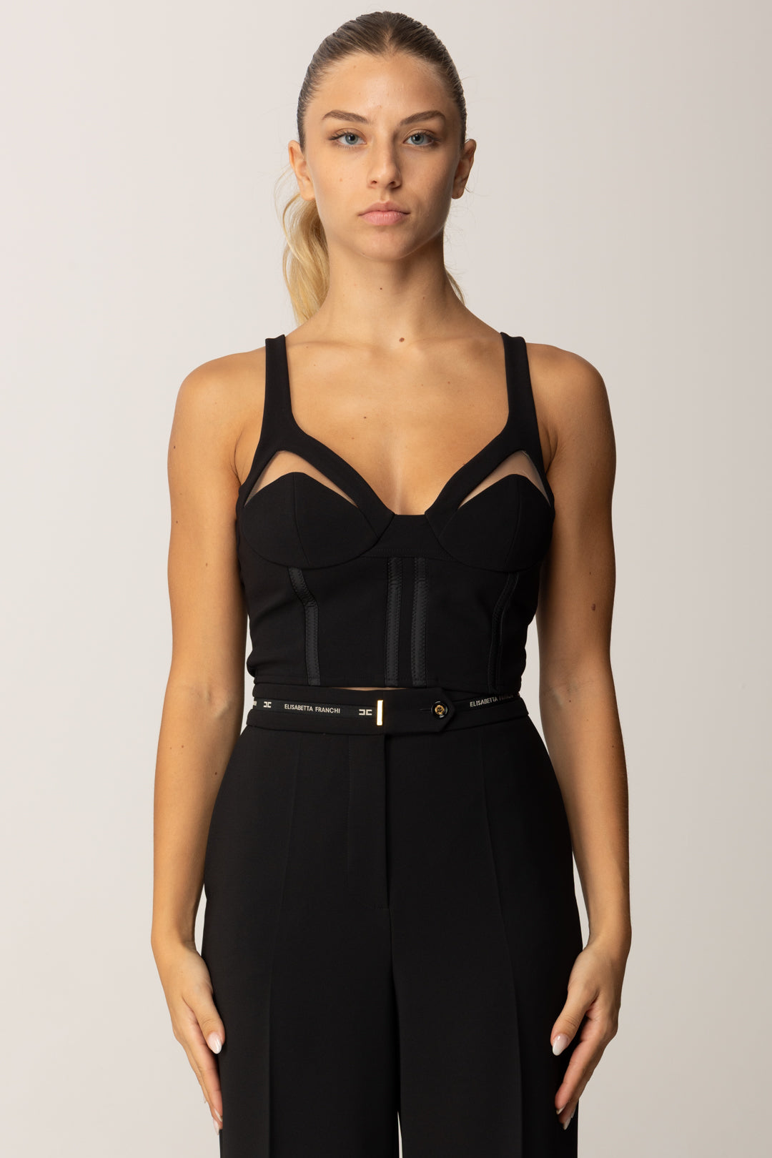 Elisabetta Franchi Top In Crêpe Leggero con Inserti In Tulle TO03856E2 NERO
