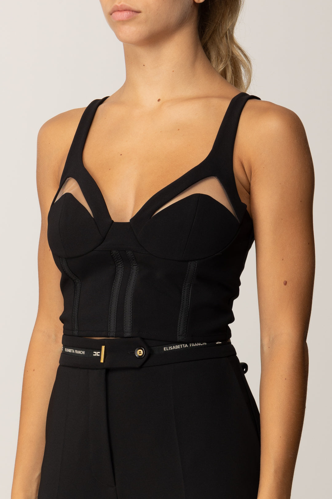 Elisabetta Franchi Top In Crêpe Leggero con Inserti In Tulle TO03856E2 NERO
