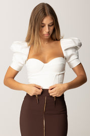 Elisabetta Franchi Top In Crepe e Duchesse con Maniche Balloon TO02656E2 AVORIO