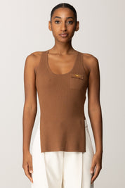 Elisabetta Franchi Top In Maglia a Costine con Taschino TK53B56E2 BROWN SUGAR