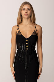 Elisabetta Franchi Top In Vinile e Tulle con Ganci Oro TO04057E2 NERO