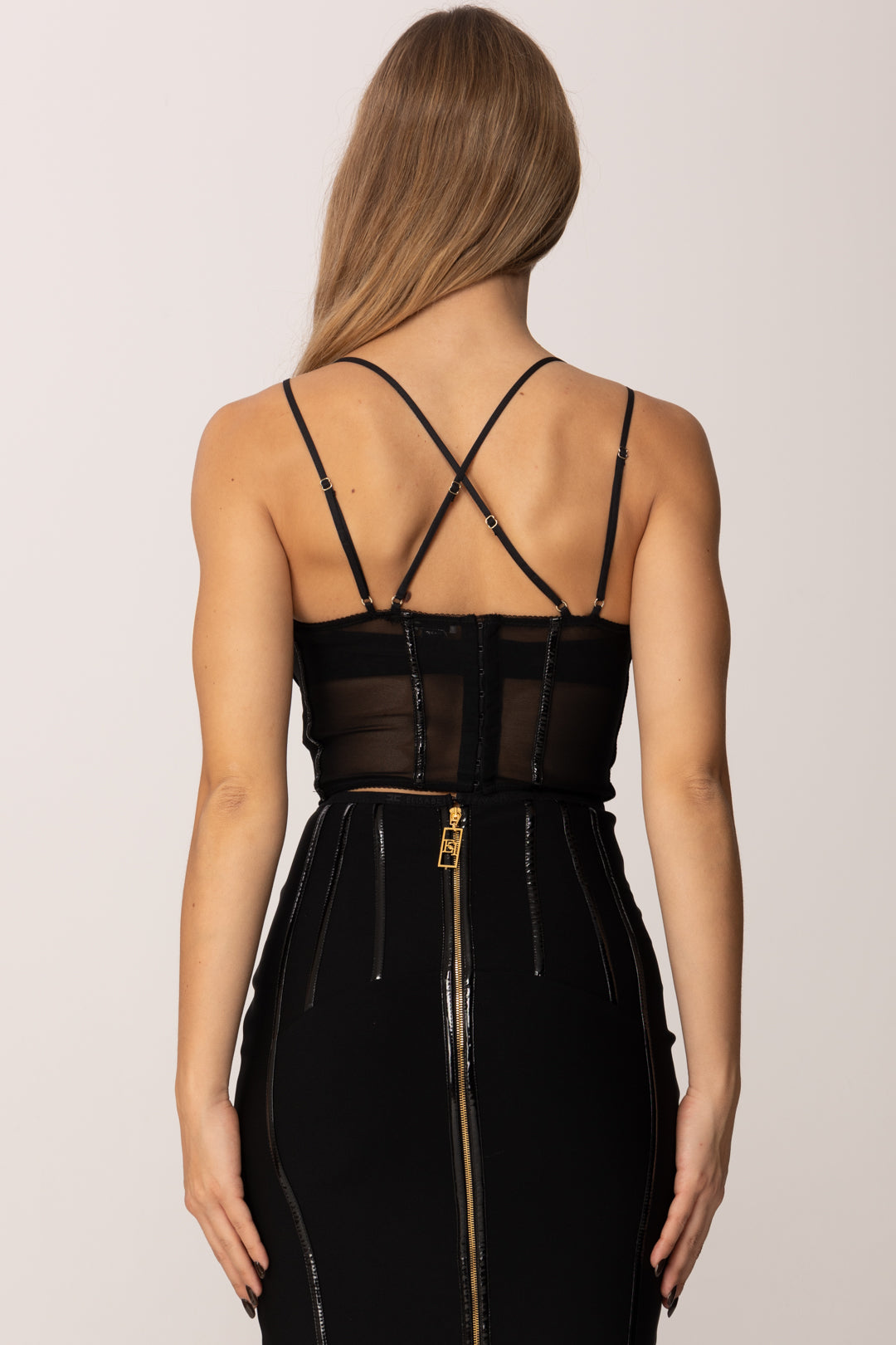 Elisabetta Franchi Top In Vinile e Tulle con Ganci Oro TO04057E2 NERO