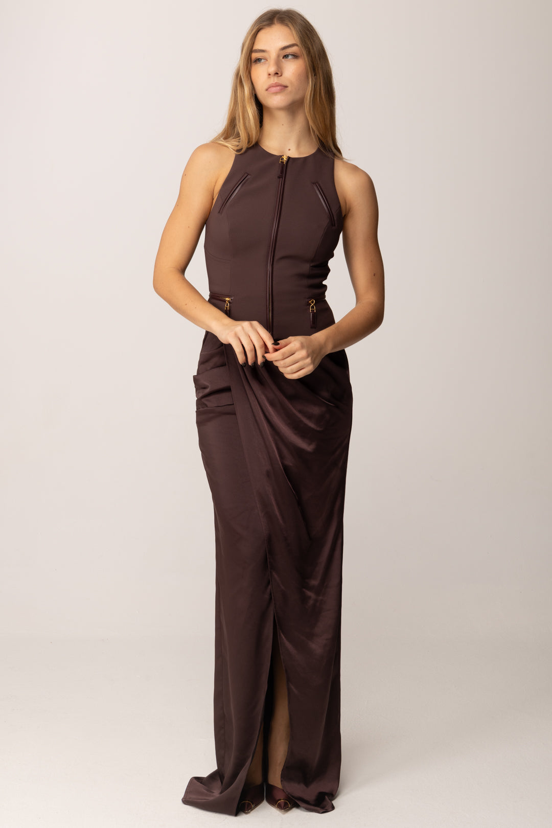 Elisabetta Franchi Top Smanicato Doppio Crepe con Zip TO03756E2 MERLOT