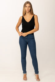 Khloefemme Top a Costine con Scollo a V1001 NERO