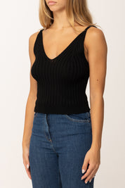 Khloefemme Top a Costine con Scollo a V1001 NERO