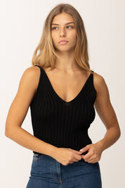 Khloefemme Top a Costine con Scollo a V1001 NERO