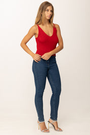 Khloefemme Top a Costine con Scollo a V 1001 ROSSO