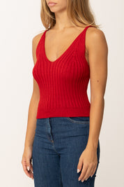 Khloefemme Top a Costine con Scollo a V 1001 ROSSO