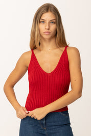 Khloefemme Top a Costine con Scollo a V 1001 ROSSO