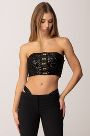 Elisabetta Franchi Top a Fascia Full Paillettes con Ganci Oro TO04757E2 NERO