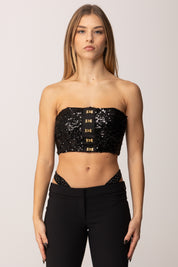 Elisabetta Franchi Top a Fascia Full Paillettes con Ganci Oro TO04757E2 NERO