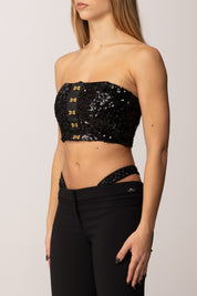 Elisabetta Franchi Top a Fascia Full Paillettes con Ganci Oro TO04757E2 NERO