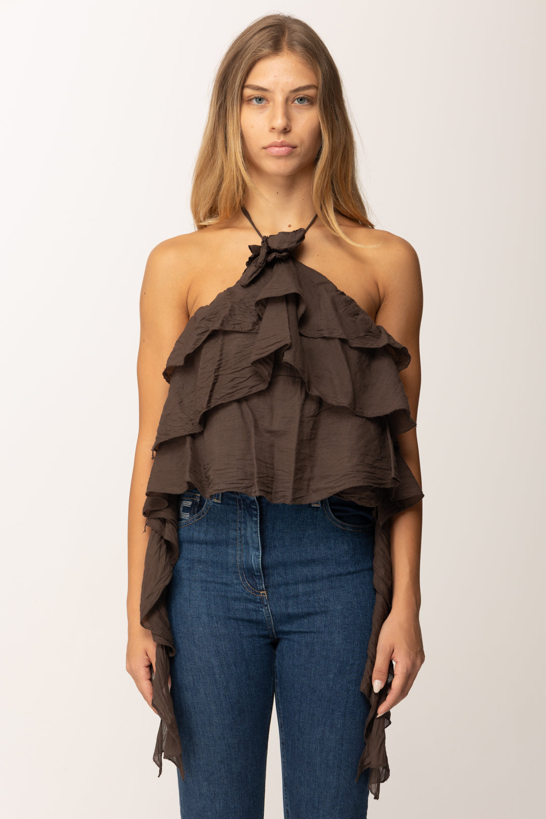 Khloefemme Top a balza con nastri laterali 25417 CACAO