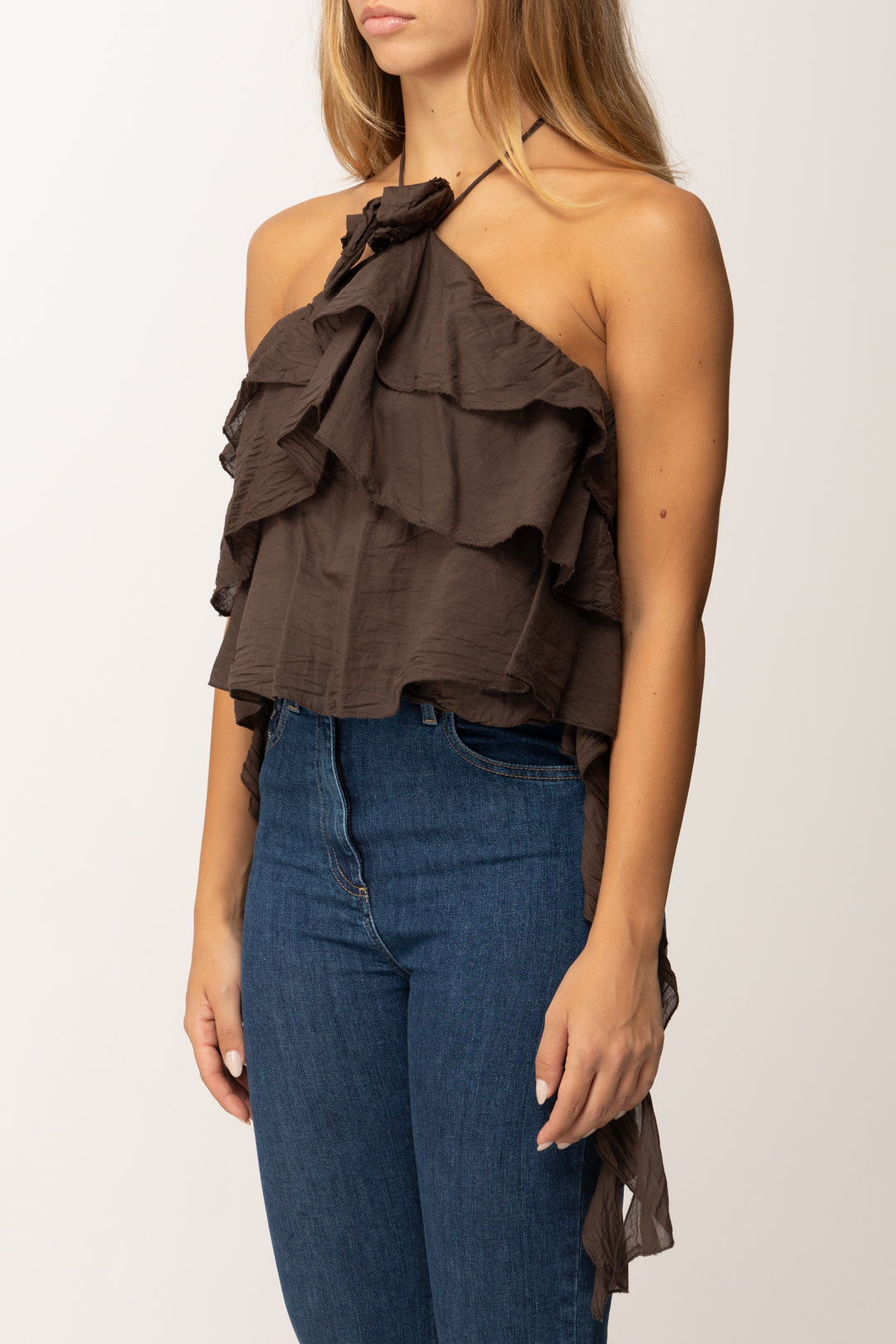 Khloefemme Top a balza con nastri laterali 25417 CACAO