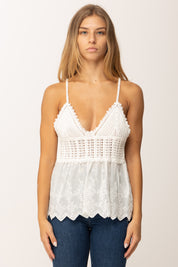 Khloefemme Top con Macramé e Sangallo SZ28032 BIANCO