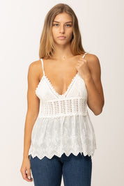 Khloefemme Top con Macramé e Sangallo SZ28032 BIANCO