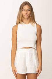 Khloefemme Top girocollo crop a costine ZS58521 BIANCO