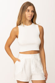 Khloefemme Top girocollo crop a costine ZS58521 BIANCO