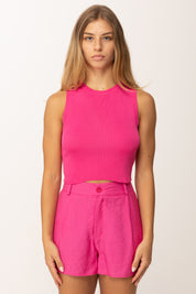 Khloefemme Top girocollo crop a costine ZS58521 FUCSIA