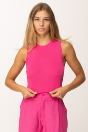 Khloefemme Top girocollo crop a costine ZS58521 FUCSIA