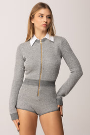 Elisabetta Franchi Tuta Corta In Maglia con Collo Camicia KT63T57E2 GRIGIO MELANGE