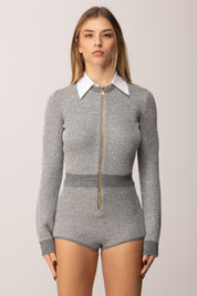 Elisabetta Franchi Tuta Corta In Maglia con Collo Camicia KT63T57E2 GRIGIO MELANGE