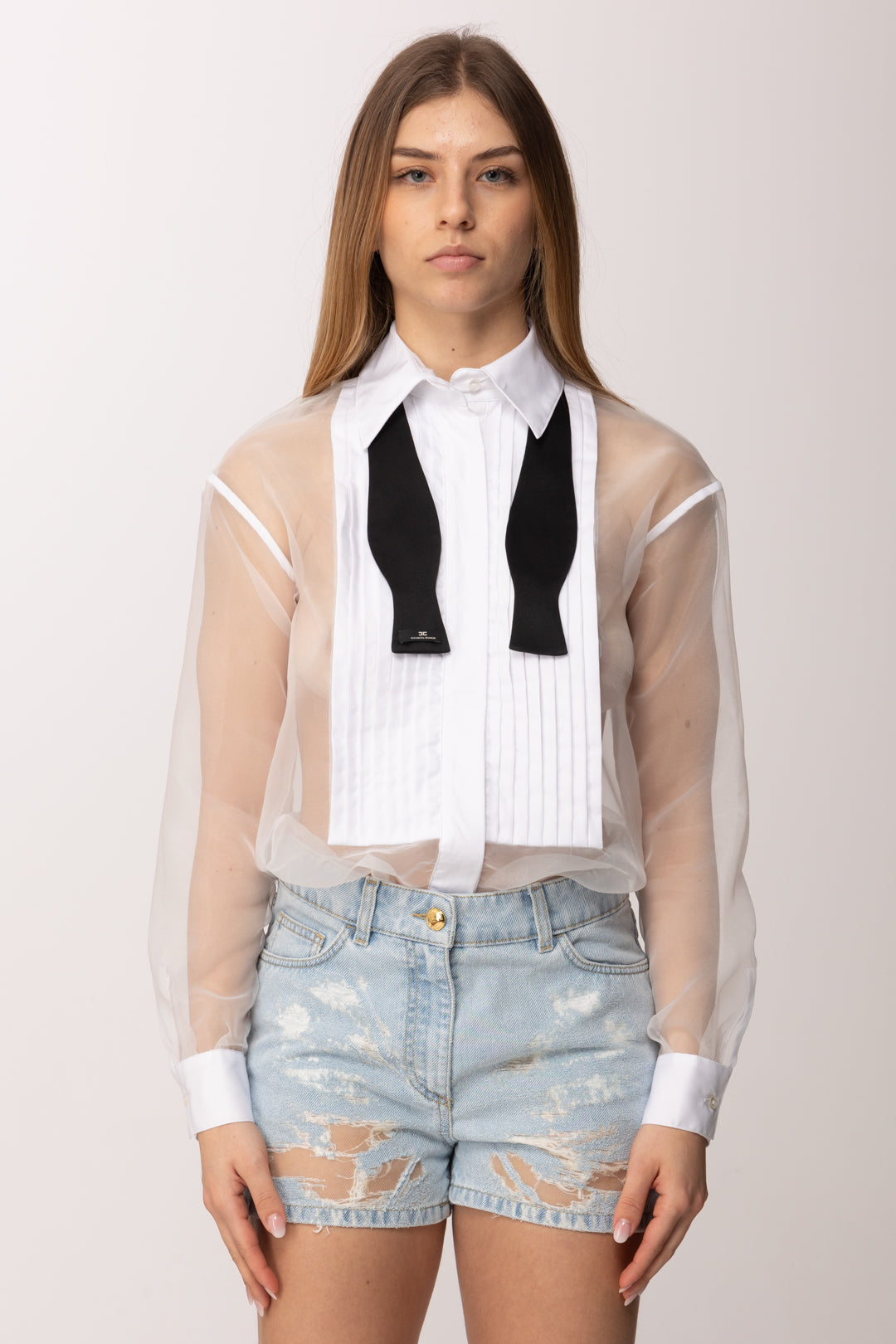 Elisabetta Franchi Tuta Corta Top In Organza e Shorts In Jeans TJ49N62E2 AVORIO/LIGHT BLUE