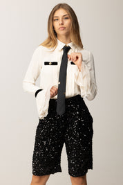 Elisabetta Franchi Tuta In Georgette con Bermuda Full Paillettes MILK/NERO TU06557E2